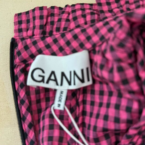 Ganni Pink & Black Gingham Ruffle Blouse NWT Size 38 - Picture 7 of 11